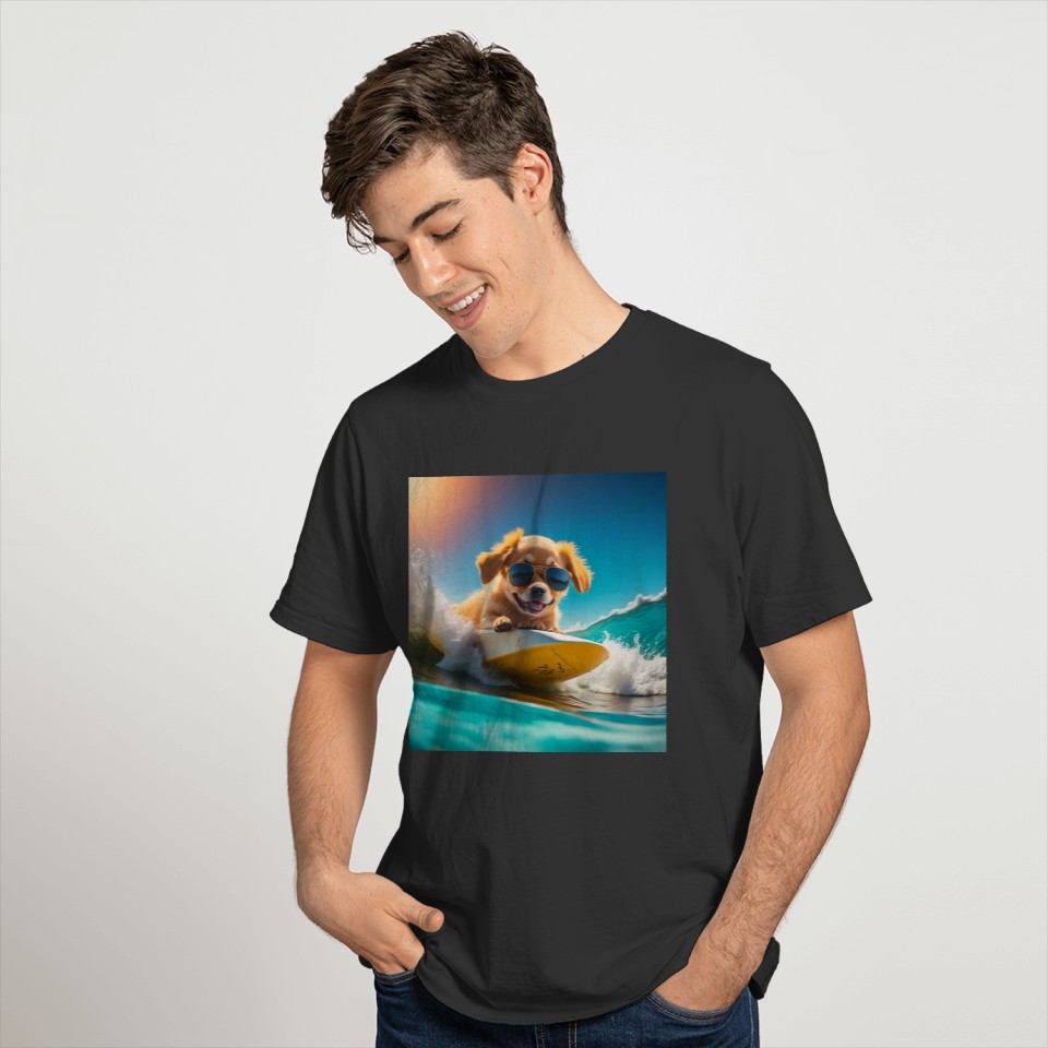 A cute hyper golden dog surfing in the sea T Shirts