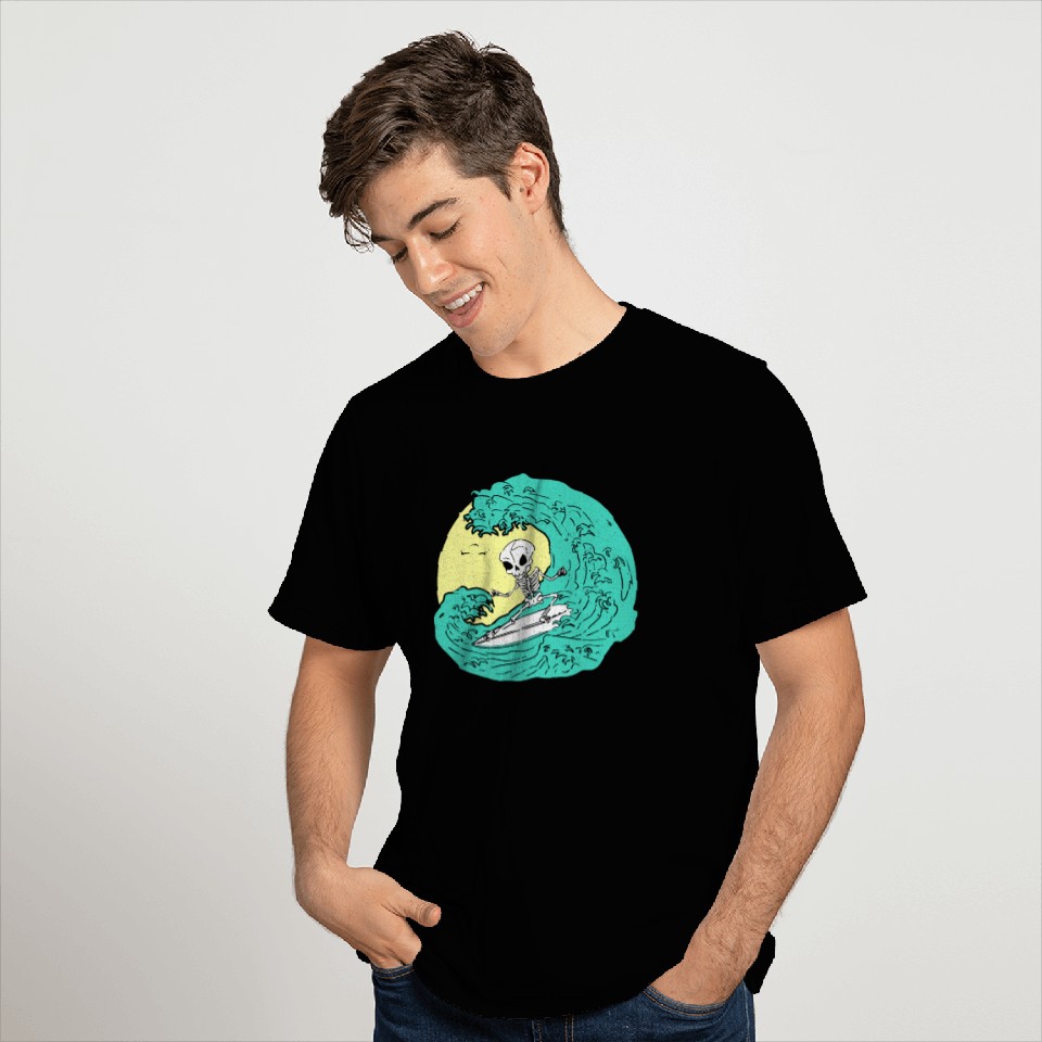 Skeleton surfing on Wave T Shirts