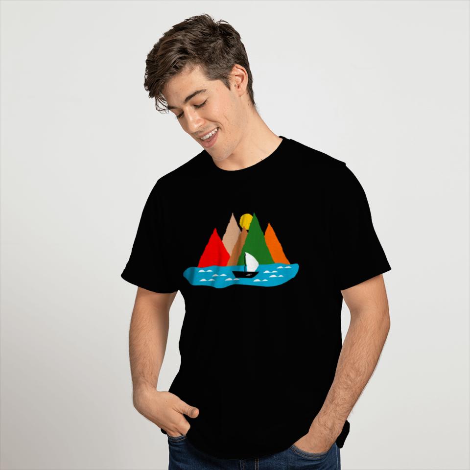 Black Sailing Boat Scape T Shirts