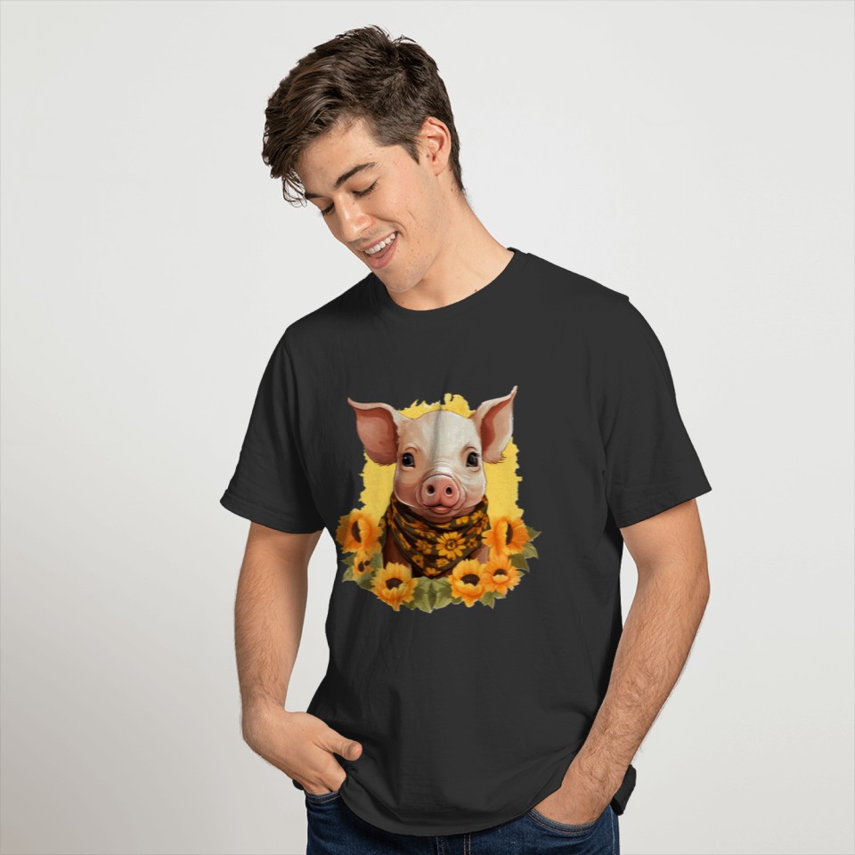 Pig with Sunflower Wreath, Charming Farm Animal De T Shirts