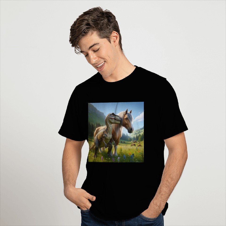 Palomino horse next to a velociraptor T Shirts
