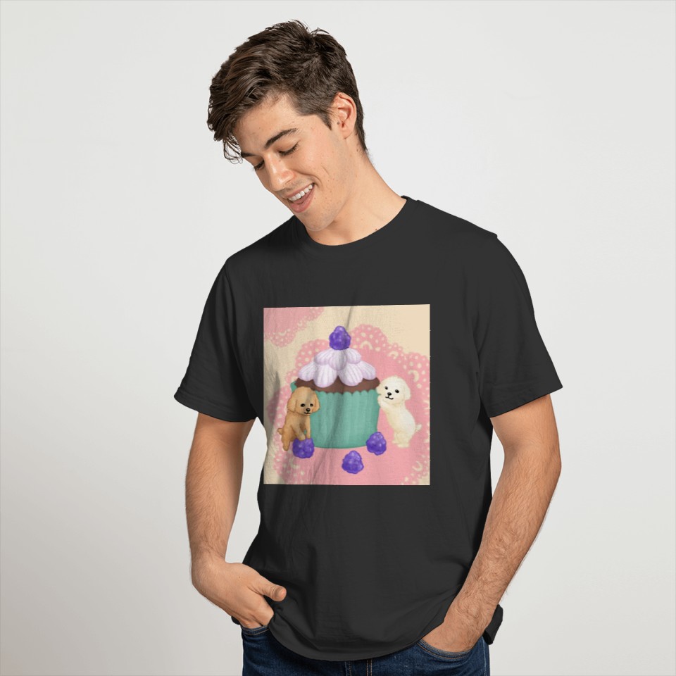 Cute Poodles and Cupcake Illustration Art T Shirts
