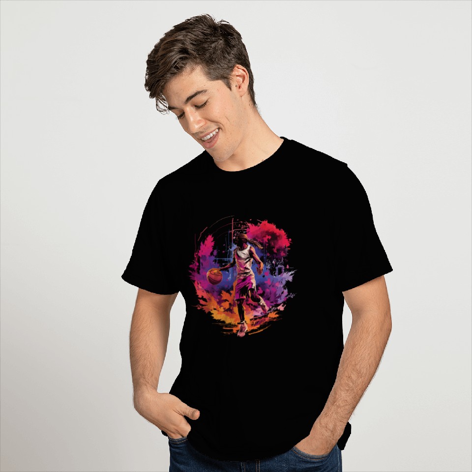 Basketball Player Surrounded by Sunset, Artwork T Shirts