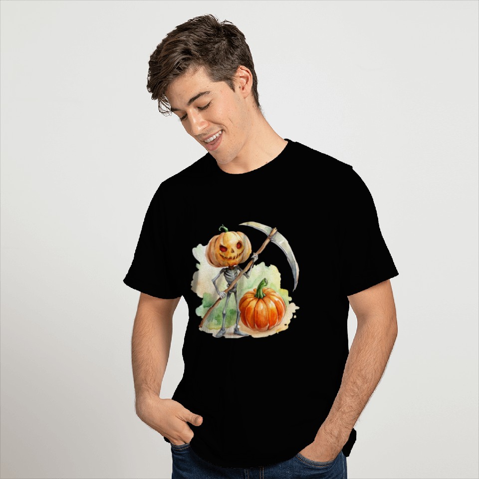 Pumpkin headed skeleton wielding a menacing scythe T Shirts