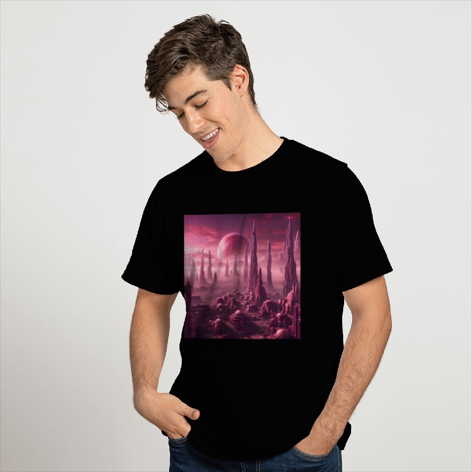 Futuristic Alien Skyline in Pink Hues T Shirts