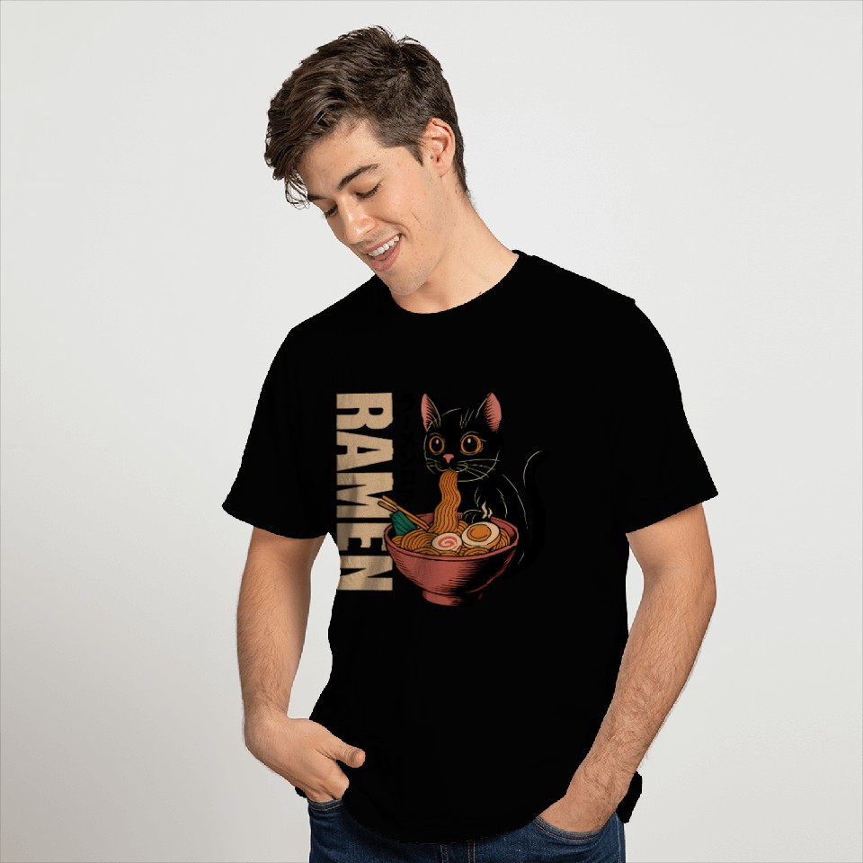 Black Cat Ramen Illustration T Shirts