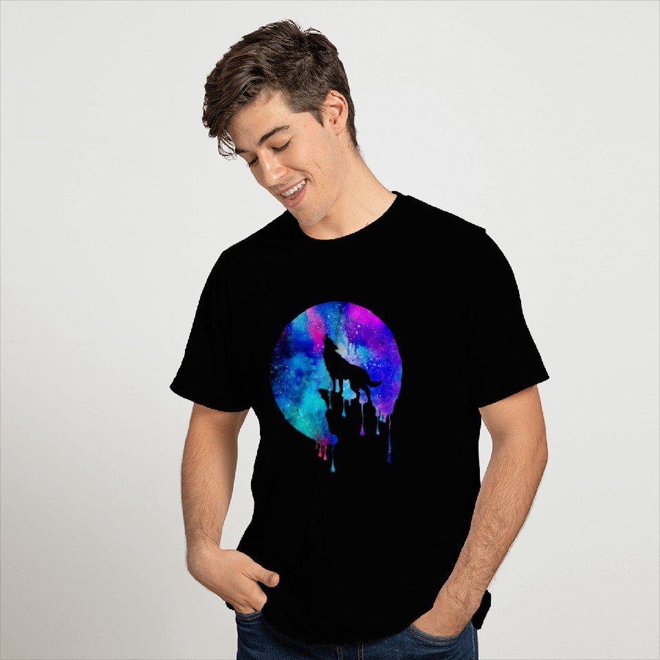 Howling wolf watercolor space drips galaxy gift T Shirts