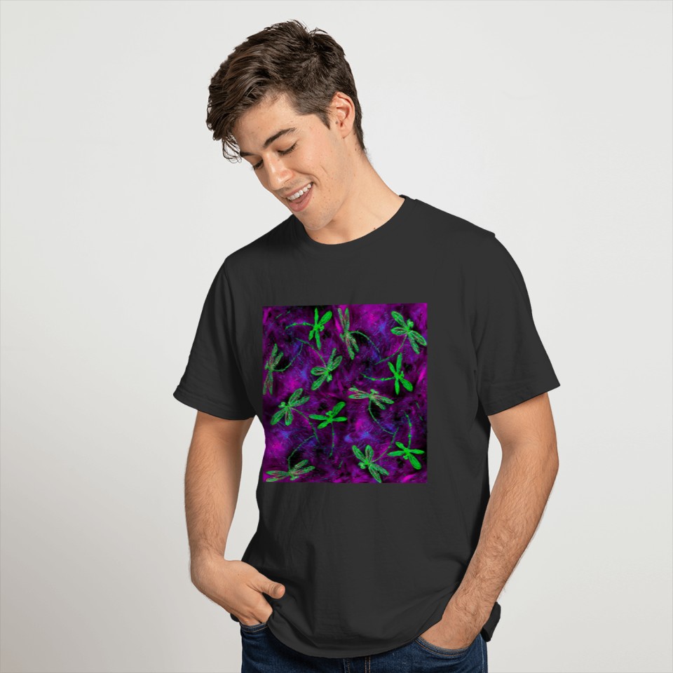 Lime Green Dragonflies on Hot Pink and Purple T-shirt