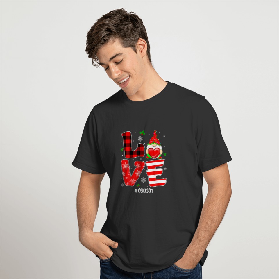 Gnome Love Cousin Heart Red Plaid Christmas Valent T-shirt