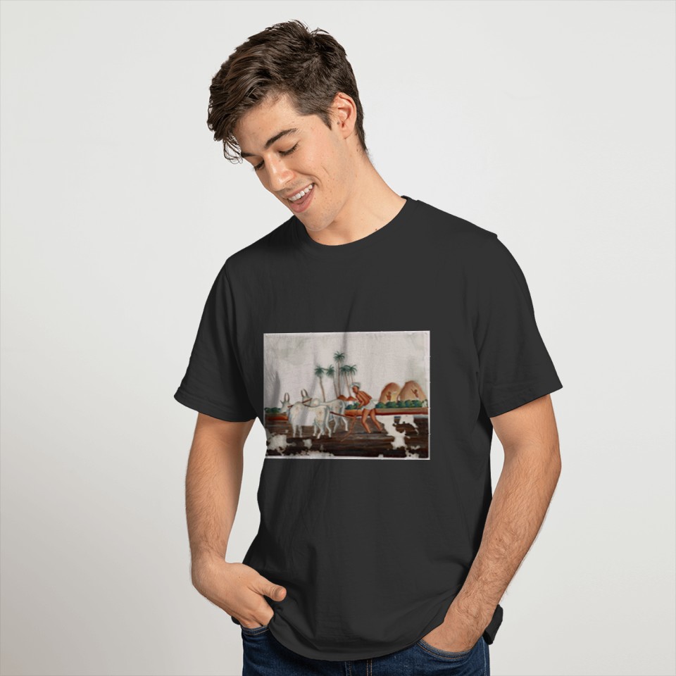 Man plowing field with two oxen. polo T-shirt