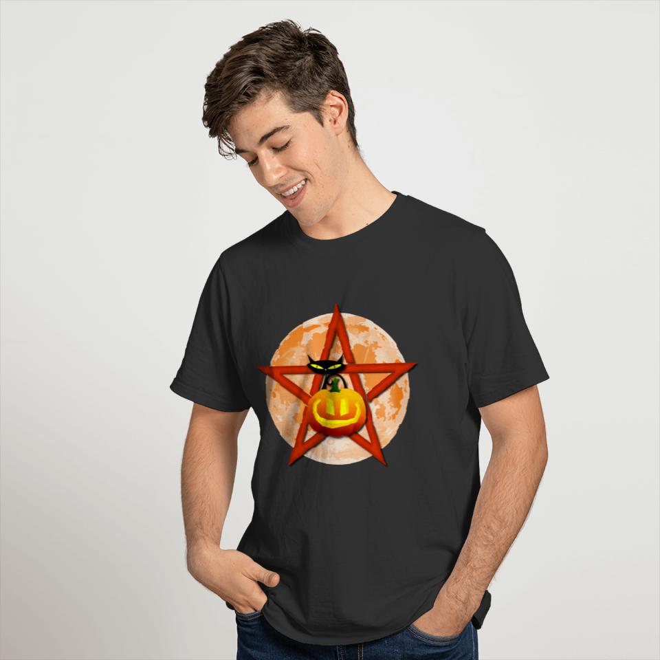 Samhain Pentagram with Black Cat & Jack-o-lantern T-shirt