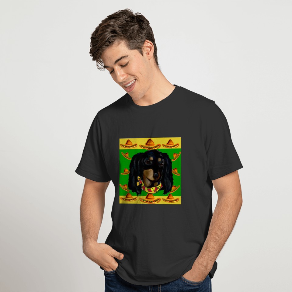Cinco de Mayo Long Haired Black  Doxie T-shirt