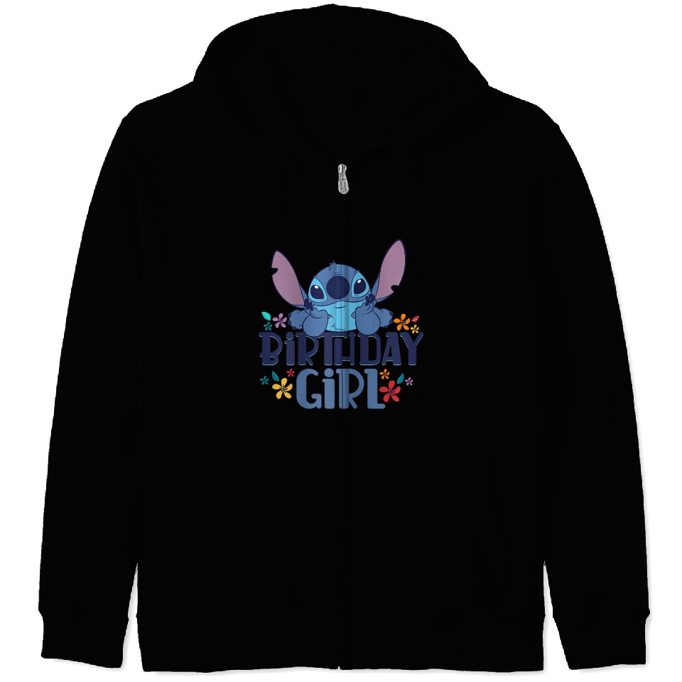 Disney Lilo Stitch Birthday Girl Happy Stitch Floral Logo Zip Hoodies ...